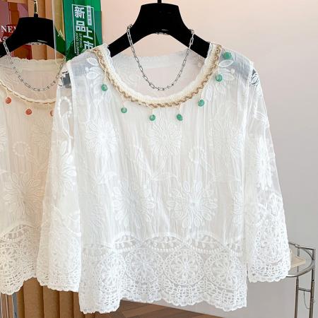BY11440# 夏季新款波西米亚全棉提花刺绣手工钉珠百搭圆领套头小衫上衣  服裝批發女裝批發服飾貨源