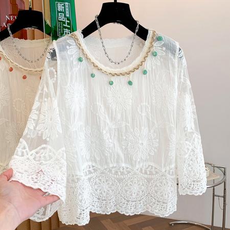 BY11440# 夏季新款波西米亚全棉提花刺绣手工钉珠百搭圆领套头小衫上衣  服裝批發女裝批發服飾貨源