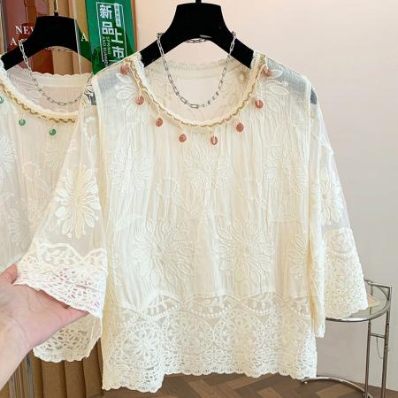 BY11440# 夏季新款波西米亚全棉提花刺绣手工钉珠百搭圆领套头小衫上衣  服裝批發女裝批發服飾貨源