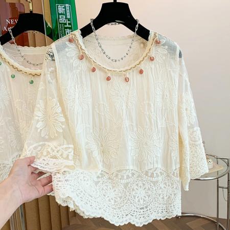 BY11440# 夏季新款波西米亚全棉提花刺绣手工钉珠百搭圆领套头小衫上衣  服裝批發女裝批發服飾貨源