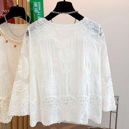 BY11440# 夏季新款波西米亚全棉提花刺绣手工钉珠百搭圆领套头小衫上衣  服裝批發女裝批發服飾貨源