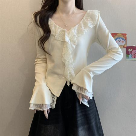 BY11443# 春季新款韩系纯欲风蕾丝拼接v领长袖T恤女设计感别致上衣  服裝批發女裝批發服飾貨源