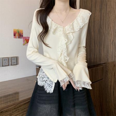 BY11443# 春季新款韩系纯欲风蕾丝拼接v领长袖T恤女设计感别致上衣  服裝批發女裝批發服飾貨源