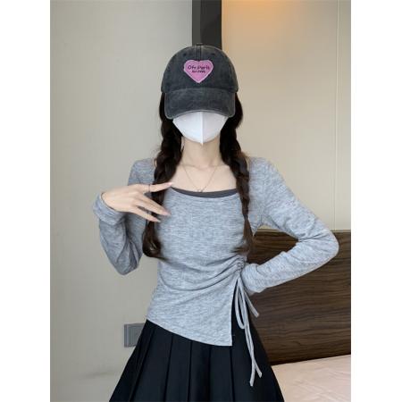 BY11444# 韩版甜美修身设计感撞色假两件打底衫显瘦抽绳开衩上衣  服裝批發女裝批發服飾貨源