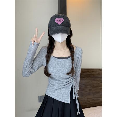 BY11444# 韩版甜美修身设计感撞色假两件打底衫显瘦抽绳开衩上衣  服裝批發女裝批發服飾貨源