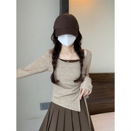 BY11444# 韩版甜美修身设计感撞色假两件打底衫显瘦抽绳开衩上衣  服裝批發女裝批發服飾貨源