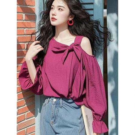 BY11446# 春季新款小衫超好看独特漂亮设计感减龄紫色蝴蝶结露肩衬衫  服裝批發女裝批發服飾貨源