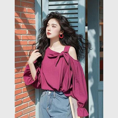 BY11446# 春季新款小衫超好看独特漂亮设计感减龄紫色蝴蝶结露肩衬衫  服裝批發女裝批發服飾貨源