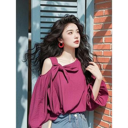 BY11446# 春季新款小衫超好看独特漂亮设计感减龄紫色蝴蝶结露肩衬衫  服裝批發女裝批發服飾貨源