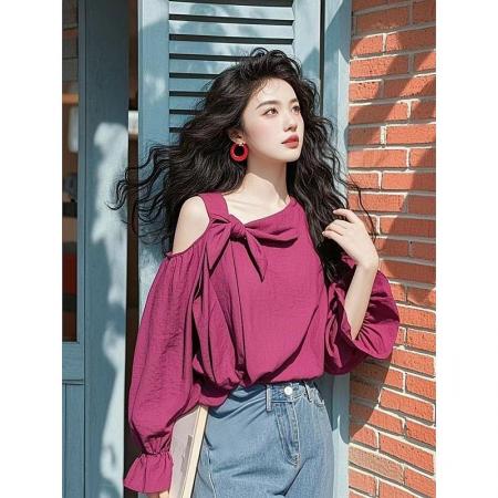 BY11446# 春季新款小衫超好看独特漂亮设计感减龄紫色蝴蝶结露肩衬衫  服裝批發女裝批發服飾貨源