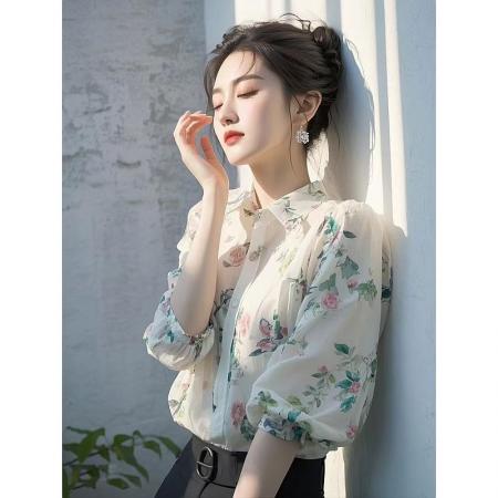 BY11447# 春装新款独特漂亮小衫法式高级感超好看气质白色碎花雪纺衬衫  服裝批發女裝批發服飾貨源