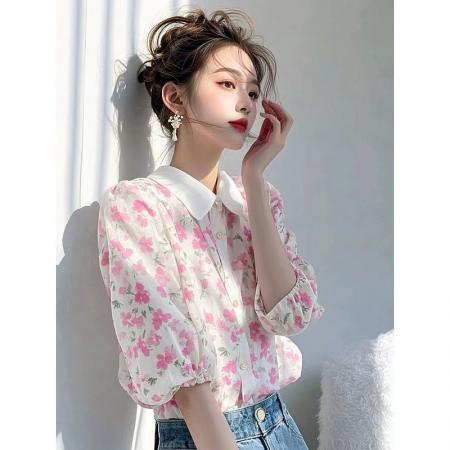 BY11447# 春装新款独特漂亮小衫法式高级感超好看气质白色碎花雪纺衬衫  服裝批發女裝批發服飾貨源