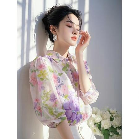 BY11448# 法式高级感超好看独特漂亮紫色碎花雪纺衬衫女开春新款上衣  服裝批發女裝批發服飾貨源