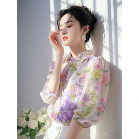 BY11448# 法式高级感超好看独特漂亮紫色碎花雪纺衬衫女开春新款上衣  服裝批發女裝批發服飾貨源