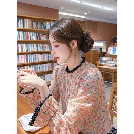 BY11449# 春季新款小衫超好看独特漂亮设计感减龄粉色碎花泡泡袖衬衫女  服裝批發女裝批發服飾貨源