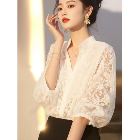 BY11450# 今年流行独特别致上衣轻奢高级感超好看减龄洋气白色蕾丝衬衫夏季  服裝批發女裝批發服飾貨源