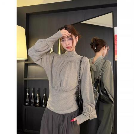 BY11451# 蝴蝶结褶皱堆堆领长袖T恤女春季新款设计感小众收腰百搭上衣  服裝批發女裝批發服飾貨源