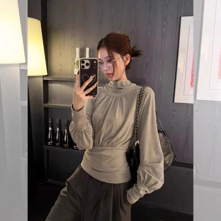 BY11451# 蝴蝶结褶皱堆堆领长袖T恤女春季新款设计感小众收腰百搭上衣  服裝批發女裝批發服飾貨源