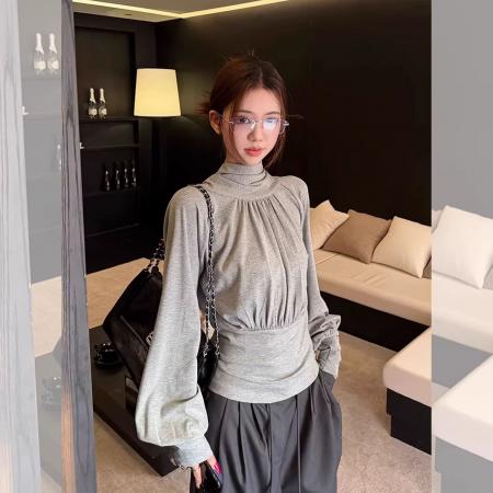 BY11451# 蝴蝶结褶皱堆堆领长袖T恤女春季新款设计感小众收腰百搭上衣  服裝批發女裝批發服飾貨源