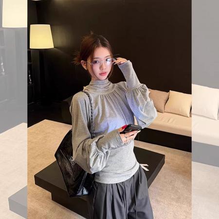 BY11451# 蝴蝶结褶皱堆堆领长袖T恤女春季新款设计感小众收腰百搭上衣  服裝批發女裝批發服飾貨源