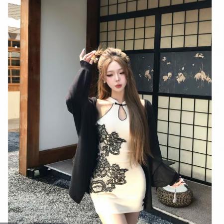 BY11454# 新中式刺绣连衣裙女秋气质设计感包臀连衣裙  服裝批發女裝批發服飾貨源