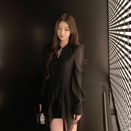 BY11456# 仙气飘逸微透视若隐若现不规则下摆衬衫  服裝批發女裝批發服飾貨源