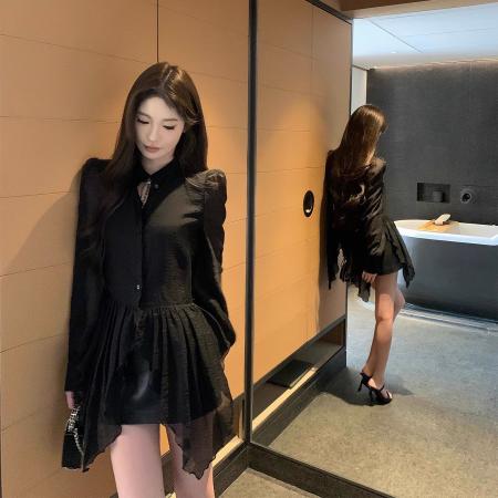 BY11456# 仙气飘逸微透视若隐若现不规则下摆衬衫  服裝批發女裝批發服飾貨源