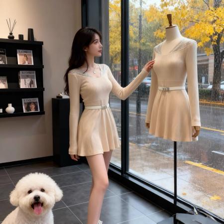 流光秘境设计感拼接杏色连衣裙女冬季内搭收腰修身打底A字裙  服裝批發女裝批發服飾貨源