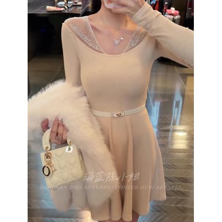 流光秘境设计感拼接杏色连衣裙女冬季内搭收腰修身打底A字裙  服裝批發女裝批發服飾貨源