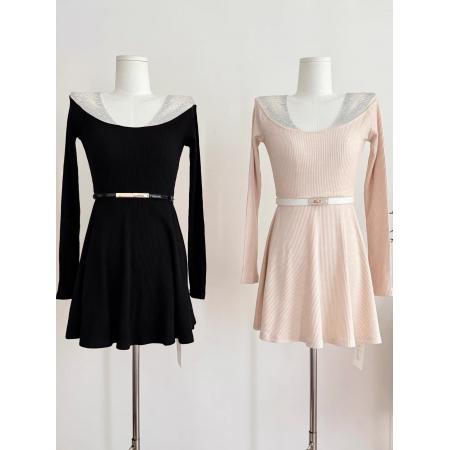 流光秘境设计感拼接杏色连衣裙女冬季内搭收腰修身打底A字裙  服裝批發女裝批發服飾貨源