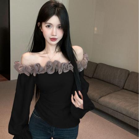 BY11458# 高级感轻奢减龄洋气一字肩上衣超好看独特漂亮衬衫女春  服裝批發女裝批發服飾貨源