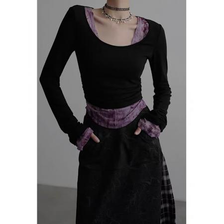 BY11459# 美式假两件撞色拼接设计感长袖内搭短款打底褶皱上衣  服裝批發女裝批發服飾貨源