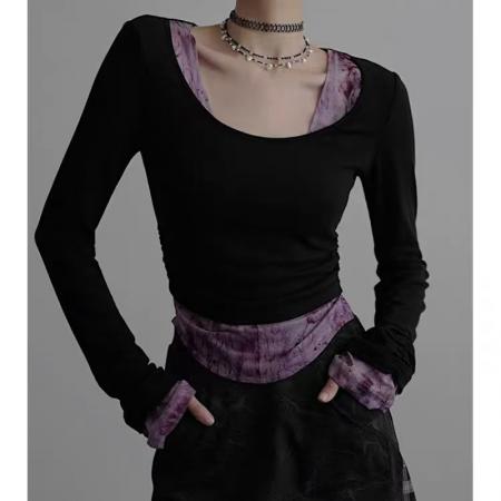 BY11459# 美式假两件撞色拼接设计感长袖内搭短款打底褶皱上衣  服裝批發女裝批發服飾貨源