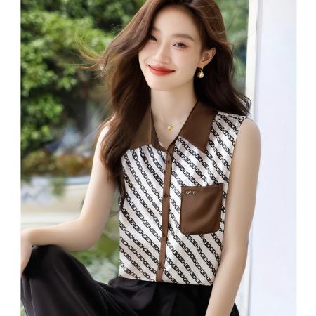 BY11461# 新款翻领衬衣印花重磅锻面背心宽松大码女上衣  服裝批發女裝批發服飾貨源