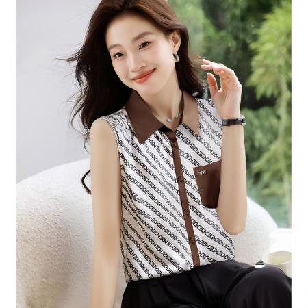 BY11461# 新款翻领衬衣印花重磅锻面背心宽松大码女上衣  服裝批發女裝批發服飾貨源