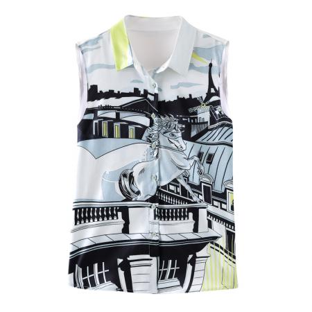 BY11462# 春新款欧货缎面背心百搭撞色印花衬衫女设计感高端上衣  服裝批發女裝批發服飾貨源