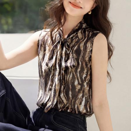 BY11465# 夏季新款系带背心女气质印花无袖百搭上衣  服裝批發女裝批發服飾貨源
