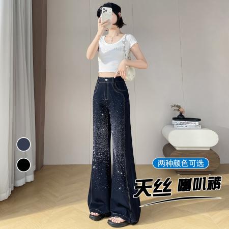 深蓝色天丝牛仔裤夏季新款满天星烫钻高腰显瘦修身辣妹喇叭裤  服裝批發女裝批發服飾貨源