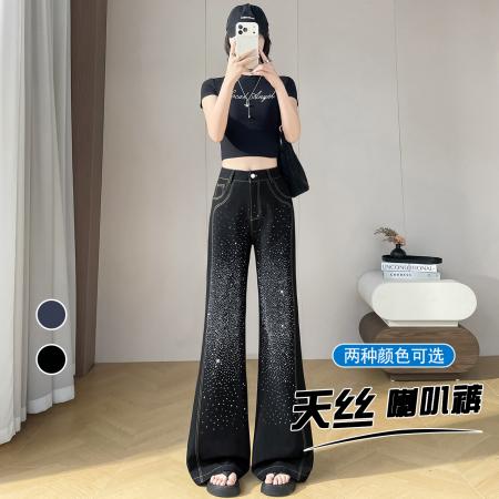 深蓝色天丝牛仔裤夏季新款满天星烫钻高腰显瘦修身辣妹喇叭裤  服裝批發女裝批發服飾貨源