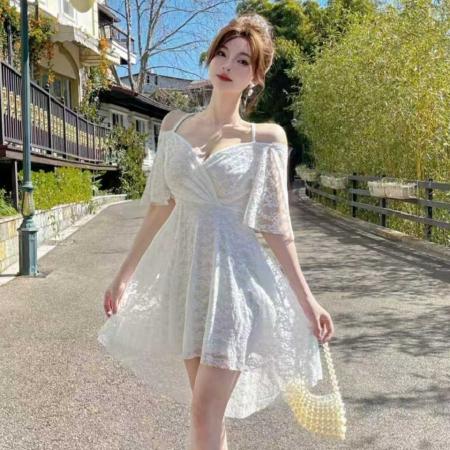 BY11467# 春季新款网红蕾丝连衣裙一字肩低胸性感名媛气质高腰遮肉显瘦短裙  服裝批發女裝批發服飾貨源