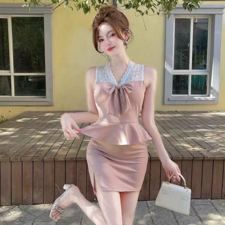 BY11468# 名媛性感V领蕾丝无袖荷叶边包臀裙法式气质性感露肩假两件连衣裙  服裝批發女裝批發服飾貨源