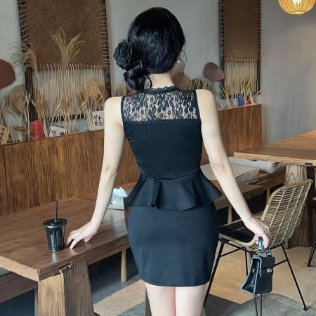 BY11468# 名媛性感V领蕾丝无袖荷叶边包臀裙法式气质性感露肩假两件连衣裙  服裝批發女裝批發服飾貨源