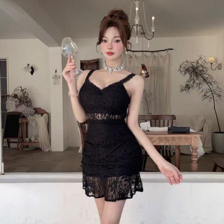 BY11469# 复古性感蕾丝无袖低胸包臀连衣裙小心机短款露背显瘦打底吊带裙女  服裝批發女裝批發服飾貨源