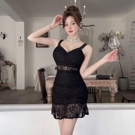 BY11469# 复古性感蕾丝无袖低胸包臀连衣裙小心机短款露背显瘦打底吊带裙女  服裝批發女裝批發服飾貨源