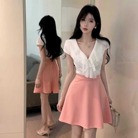 BY11472# 性感v领雪纺拼接撞色收腰大摆连衣裙  服裝批發女裝批發服飾貨源