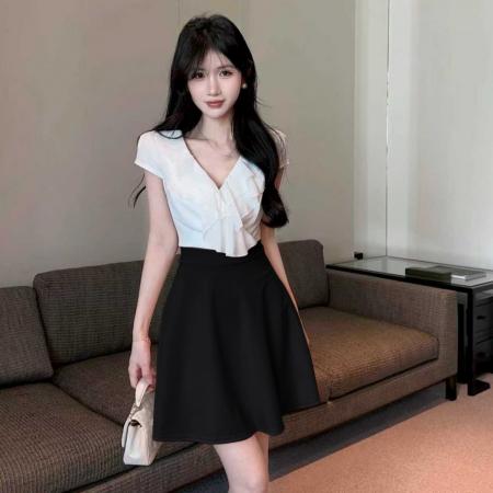 BY11472# 性感v领雪纺拼接撞色收腰大摆连衣裙  服裝批發女裝批發服飾貨源