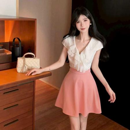 BY11472# 性感v领雪纺拼接撞色收腰大摆连衣裙  服裝批發女裝批發服飾貨源