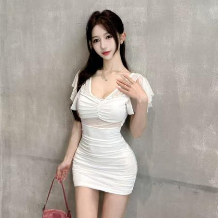 BY11475# 辣妹性感网纱飞飞袖打底短款包臀连衣裙女纯欲V领修身显瘦短裙子  服裝批發女裝批發服飾貨源