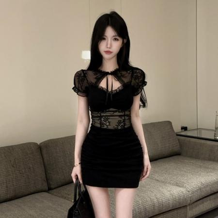 BY11476# 辣妹性感网纱拼蕾丝短袖连衣裙网红高腰气质修身显瘦包臀系带短裙  服裝批發女裝批發服飾貨源