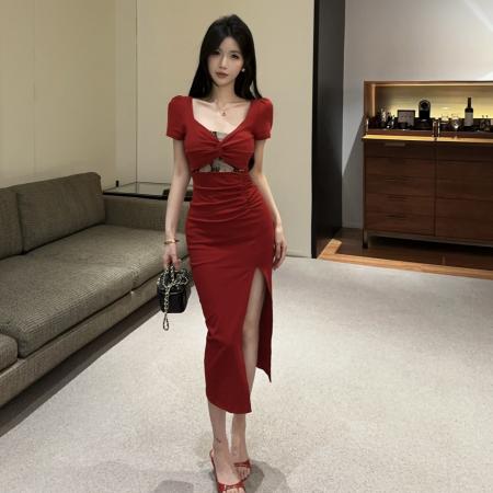 BY11478# 甜美复古性感深V领蕾丝拼接高开叉短袖连衣裙气质纯欲修身包臀裙  服裝批發女裝批發服飾貨源